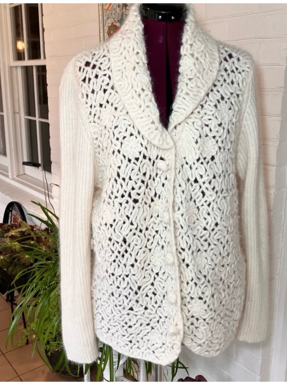 Coldwater Creek Cream Openwork Knit Shawl Collar Cardigan